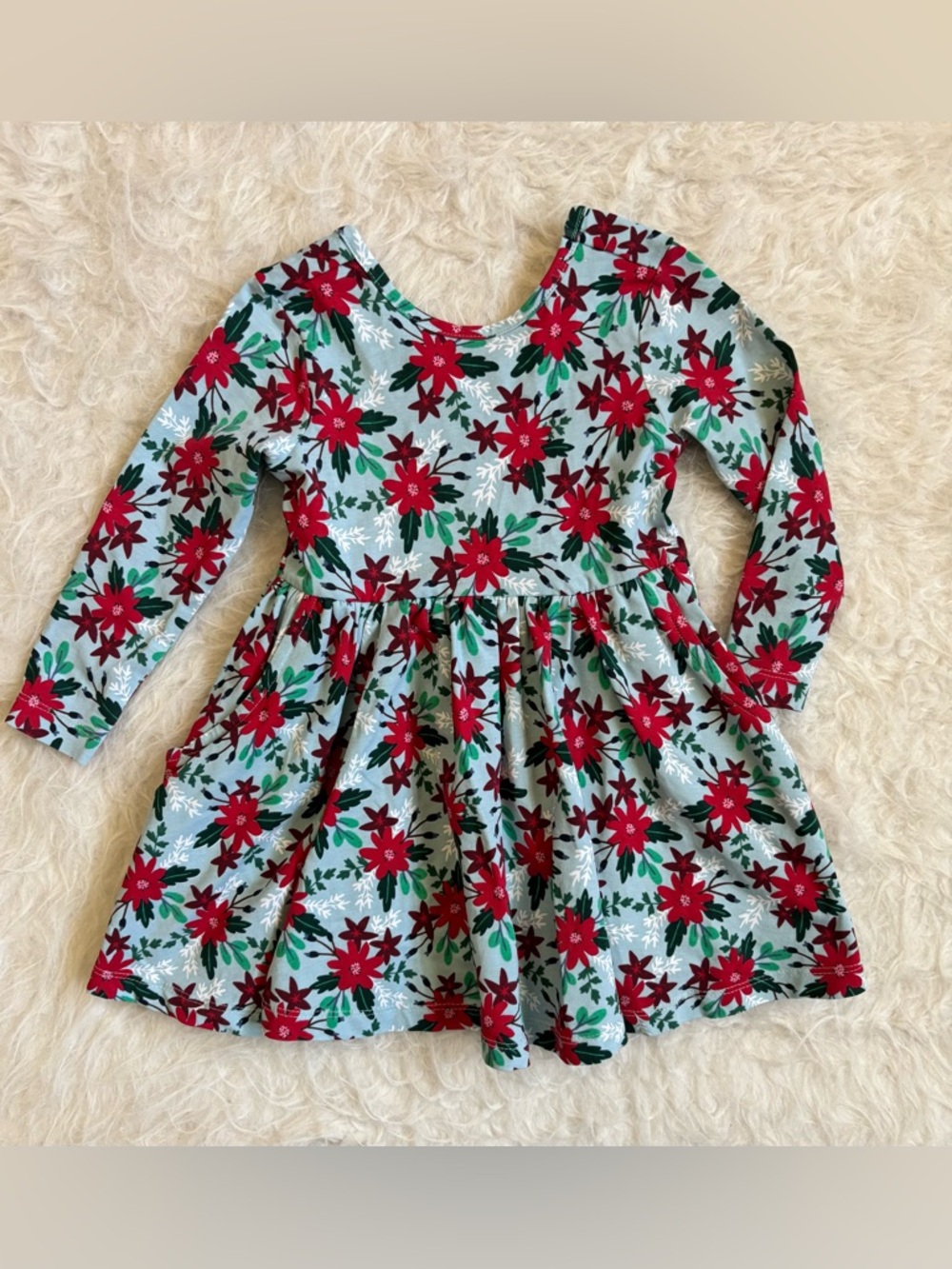 Ruffle Butts Festive Long Sleeve Knit Dress with Festive Floral Poinsettia AOP